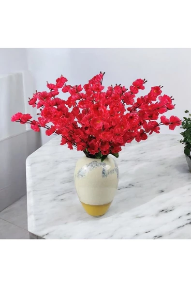 DDPEST Yapay Çiçek KIRMIZI Bahar Dalı Japon Kiraz Çiçeği 9 DALLI 40 cm 1 DEMET - 3