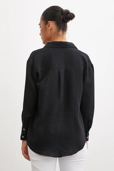 Krinkıl V Yaka Gömlek Siyah - 3