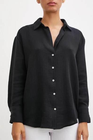 Krinkıl V Yaka Gömlek Siyah - 2