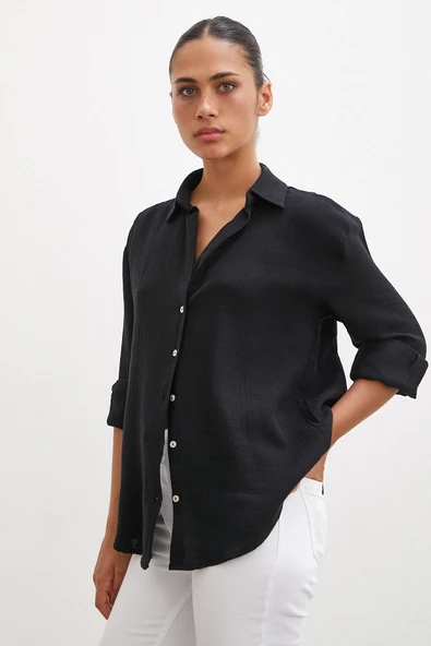 Krinkıl V Yaka Gömlek Siyah - 5