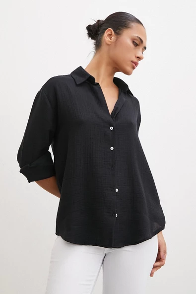 Krinkıl V Yaka Gömlek Siyah - 6