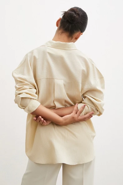 Cepli Çizgili Gömlek Bej - Resim 5