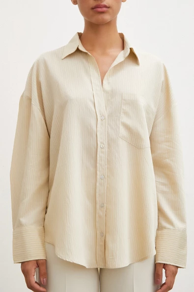 Cepli Çizgili Gömlek Bej - Resim 2