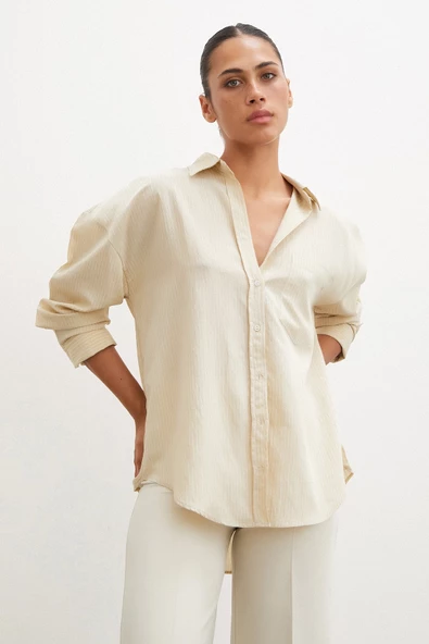 Cepli Çizgili Gömlek Bej - Resim 6