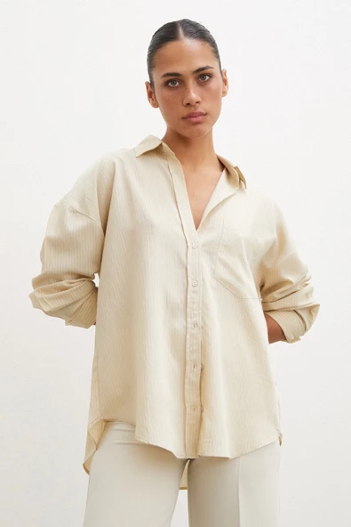 Cepli Çizgili Gömlek Bej - Resim 4