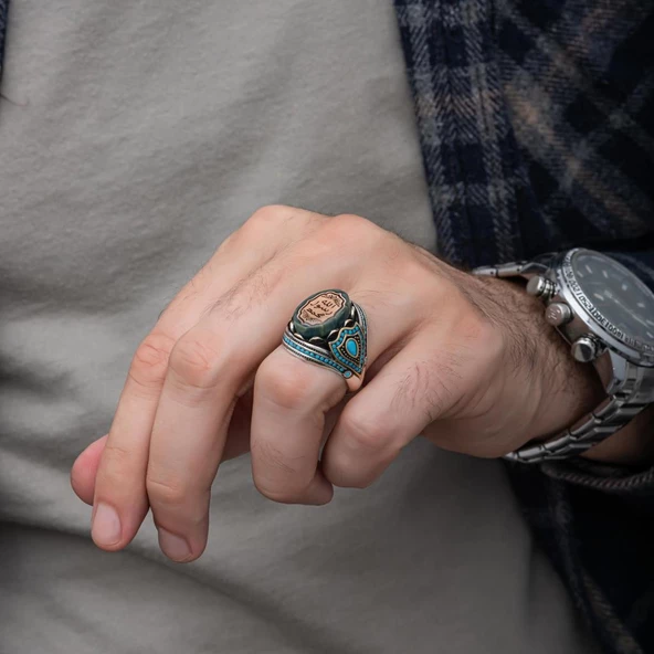 Peygamber Mührü Mavi Taşlı 925 Gümüş Erkek Yüzük - Resim 7