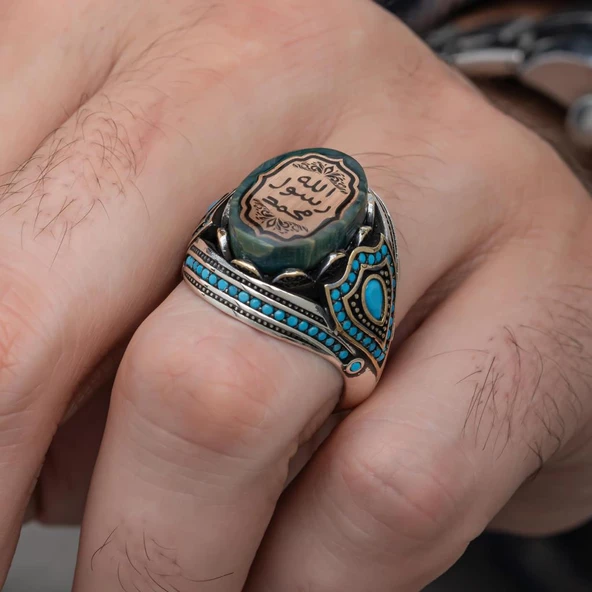 Peygamber Mührü Mavi Taşlı 925 Gümüş Erkek Yüzük - Resim 3