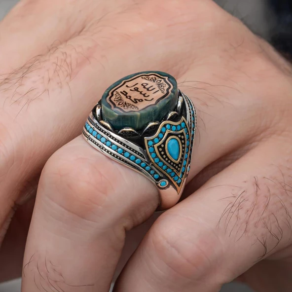 Peygamber Mührü Mavi Taşlı 925 Gümüş Erkek Yüzük - Resim 6