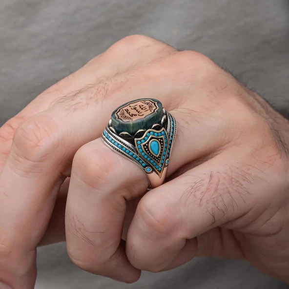 Peygamber Mührü Mavi Taşlı 925 Gümüş Erkek Yüzük - Resim 8