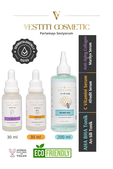 VESTİTİ COSMETİC,AHA BHA Tonik - C Vitamini Serum - Anti Aging Serum 3’lü Set