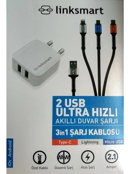 Linksmart 2 USB Ultra Hızlı Şarj+ 3in1 Şarj Kablosu