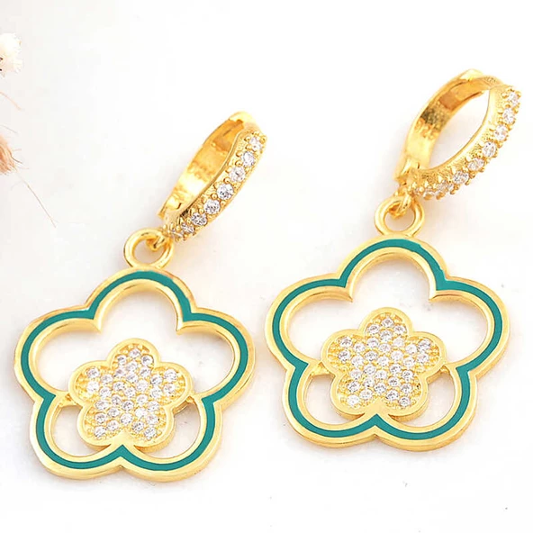 Gümüş Gold Sallantılı Çiçek Desenli Kadın Küpe