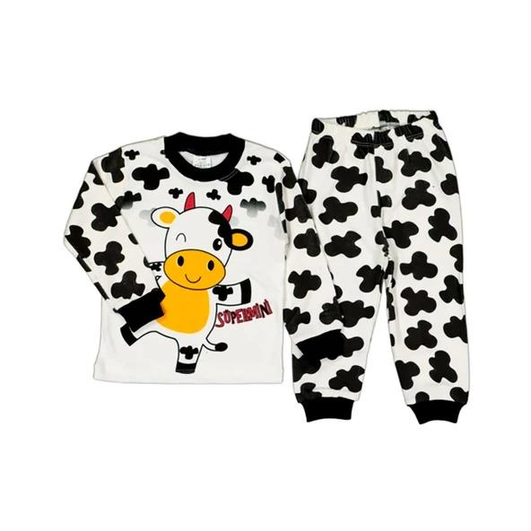 Beyaz İnek 1-2-3 Yaş Çocuk 2li Pamuklu Alt Üst Pijama Takım - 1