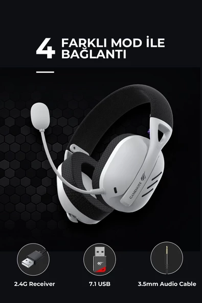Havit Gamenote Fuxi-H3 Gaming Oyuncu Mikrofonlu Kulaklığı 7.1 - 4 Modlu (BT, 2.4Ghz, Type-C, 3.5mm) - Beyaz - 2