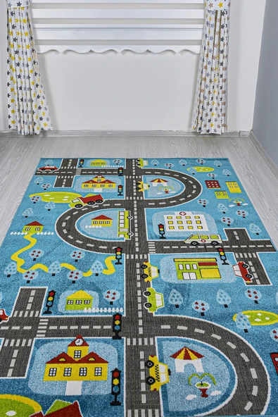 3 Boyutlu Mavi Trafik Arabalı Dokuma Çocuk Oyun Halısı - 2