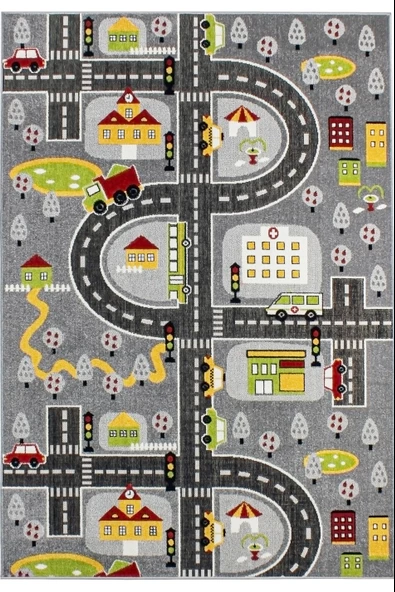3 Boyutlu Gri Trafik Arabalı Ana Okulu Kreş Halısı Dokuma Çocuk Oyun Halısı - 7