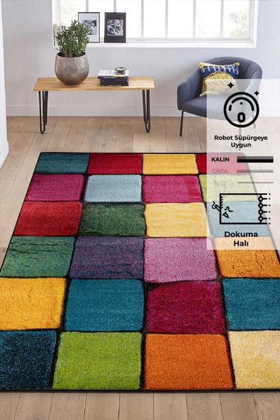Renkli Kare Duvar Taşı Modern Dokuma Halı ürün görseli