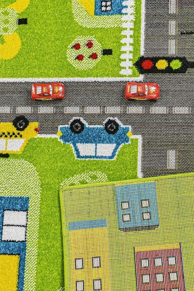 Anaokulu Kreş Oyun Halısı 3 Boyutlu Dokuma Yeşil Trafik - 4