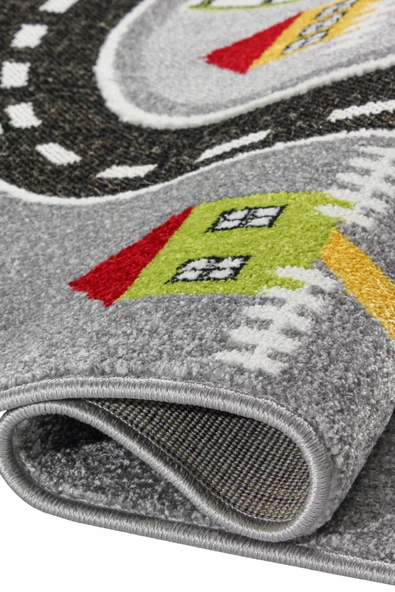 3 Boyutlu Gri Trafik Arabalı Ana Okulu Kreş Halısı Dokuma Çocuk Oyun Halısı - 5