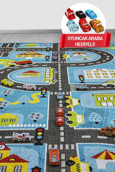 3 Boyutlu Mavi Trafik Arabalı Dokuma Çocuk Oyun Halısı - 4