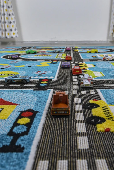 3 Boyutlu Mavi Trafik Arabalı Dokuma Çocuk Oyun Halısı - 3