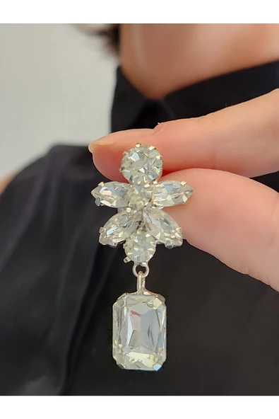 Çiçek Model Kristal Taşlı Küpe - 2