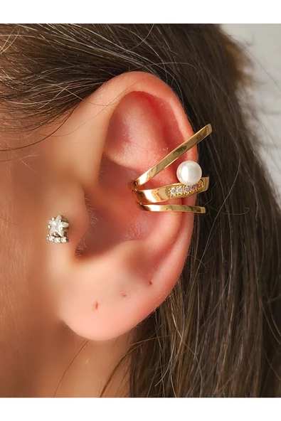 İnci Model Kıkırdak Küpesi Ear Cuff Gold Renkli