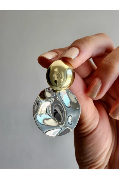 Kıvrımlı Plaka Bombeli Oval Silver Gold Çelik Küpe - 4