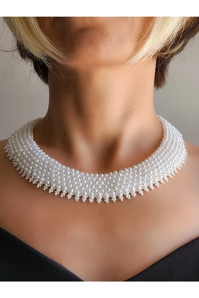 Yaka Mode Beyazı Cam İnci Kolye Bileklik Set El Yapımı - 4