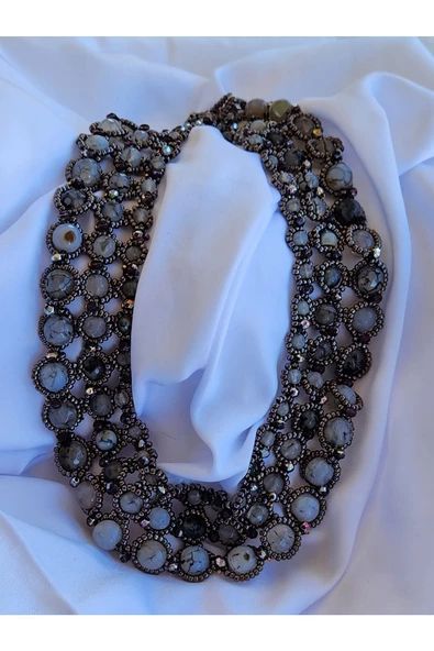 Damarlı Akik Doğal Taşlı Yaka Model El Yapımı Kolye - 3