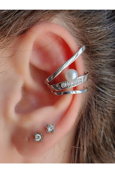 İnci Model Kıkırdak Küpesi Ear Cuff Silver Renkli