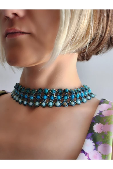 Damarlı Turkuaz Mavi Akik Doğal Taşlı Yaka Model El Yapımı Kolye - 3