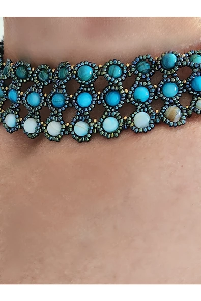 Damarlı Turkuaz Mavi Akik Doğal Taşlı Yaka Model El Yapımı Kolye - 4