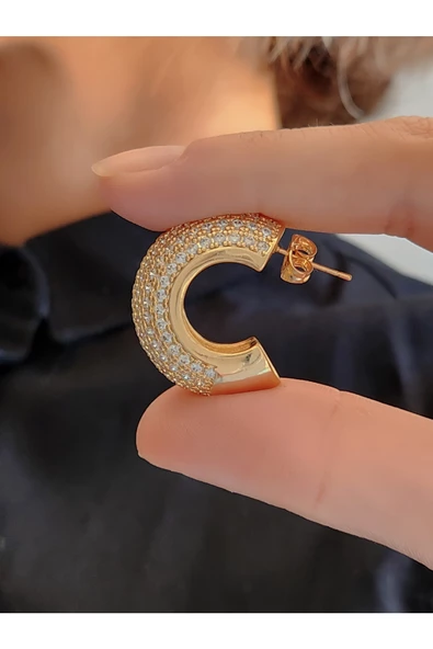 Yarım Halka Boru Model Full Taşlı Elegant Altın Kaplama Gold Renkli Çelik Küpe - 3