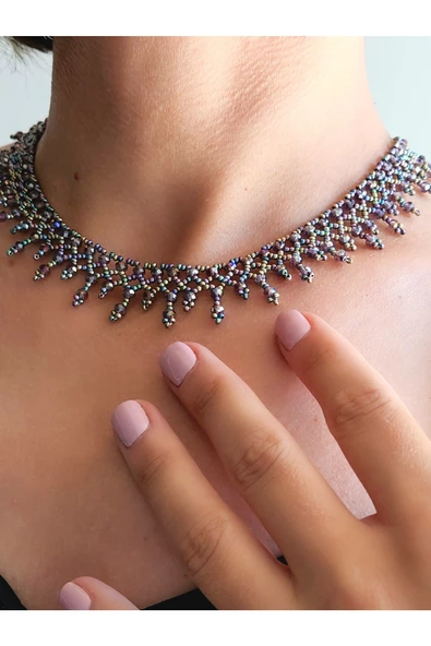Etnik Bohem Mor Pembe Rengarenk Salkım Model Kum Kristal Boncuk Kolye El Yapımı - 2