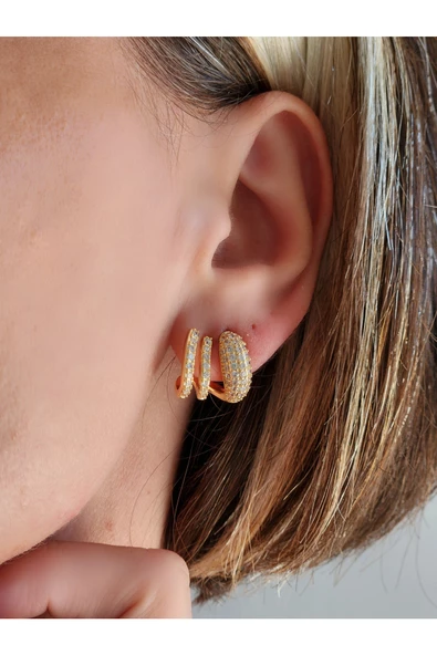 Üçlü Zirkon Taşlı Tekli Altın Kaplama Gold Renk Çelik Küpe - Resim 2