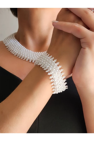Yaka Mode Beyazı Cam İnci Kolye Bileklik Set El Yapımı - 2