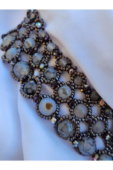 Damarlı Akik Doğal Taşlı Yaka Model El Yapımı Kolye - 4