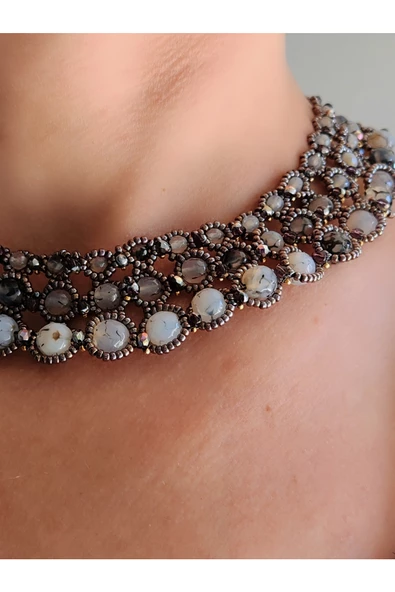 Damarlı Akik Doğal Taşlı Yaka Model El Yapımı Kolye - 2