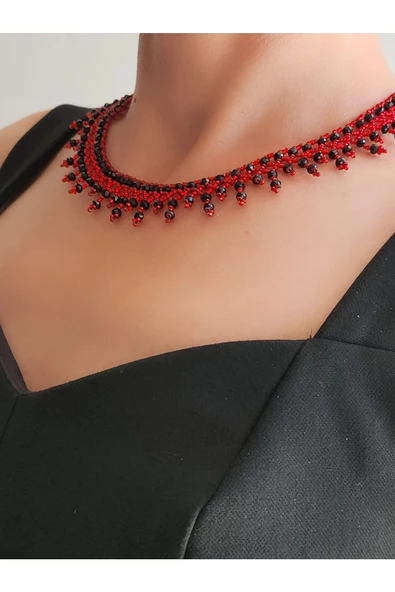 Etnik Bohem Kırmızı Siyah Salkım Model Kum Kristal Boncuk Kolye El Yapımı - Resim 3