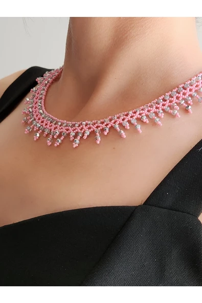 Etnik Bohem Pembe Gümüş Salkım Model Kum Kristal Boncuk Kolye El Yapımı - 2