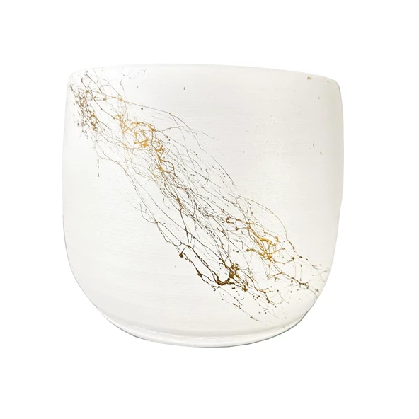 Bitki Tasarımı Beyaz Üzeri Gold Mermer Efektli Toprak Saksı Saksılık Salon Çiçeklik - 19 CM