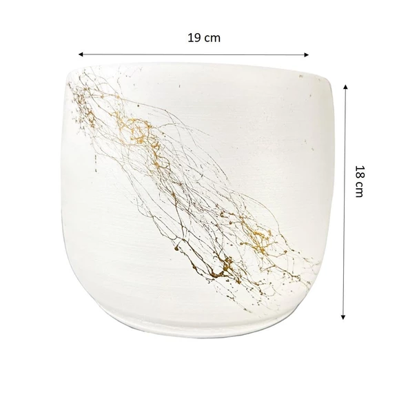 Bitki Tasarımı Beyaz Üzeri Gold Mermer Efektli Toprak Saksı Saksılık Salon Çiçeklik - 19 CM - 2