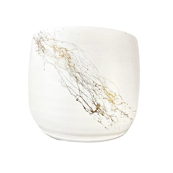Bitki Tasarımı Beyaz Üzeri Gold Mermer Efektli Toprak Saksı Saksılık Salon Çiçeklik - 19 CM - 5