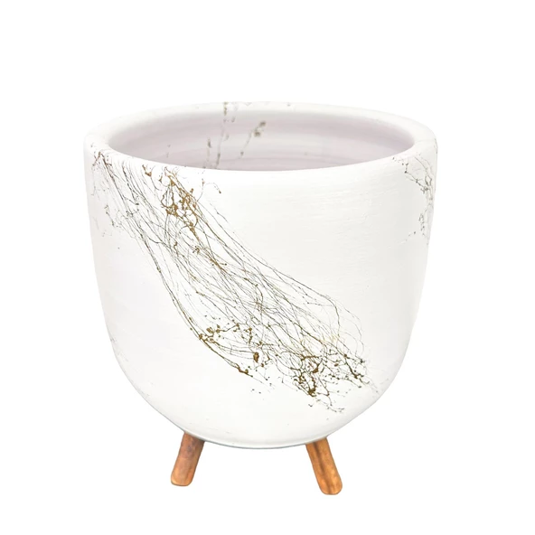 Bitki Tasarımı Beyaz Üzeri Gold Mermer Efektli Toprak Saksı Saksılık Salon Çiçeklik 3 Ayaklı - 19 CM - Resim 3