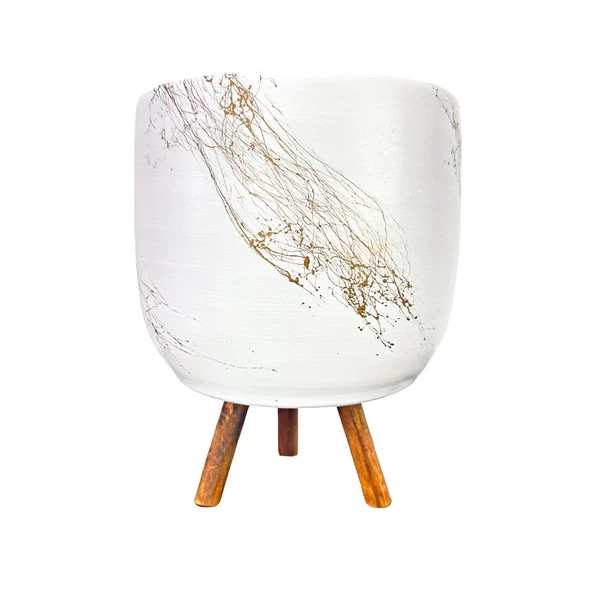 Bitki Tasarımı Beyaz Üzeri Gold Mermer Efektli Toprak Saksı Saksılık Salon Çiçeklik 3 Ayaklı - 19 CM - Resim 5