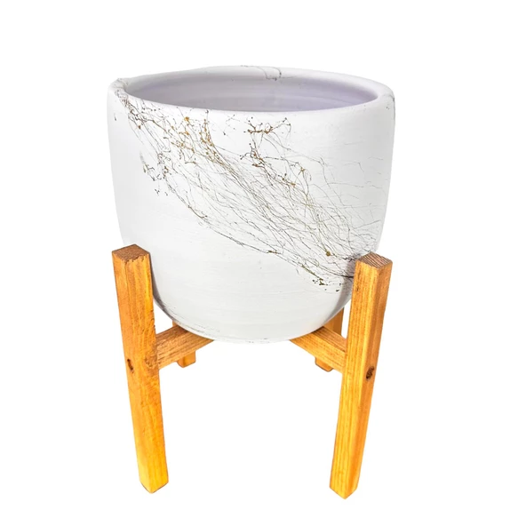 Bitki Tasarımı Beyaz Üzeri Gold Mermer Efektli Toprak Saksı Saksılık Salon Çiçeklik 4 Ayaklı - 19 CM - Resim 6