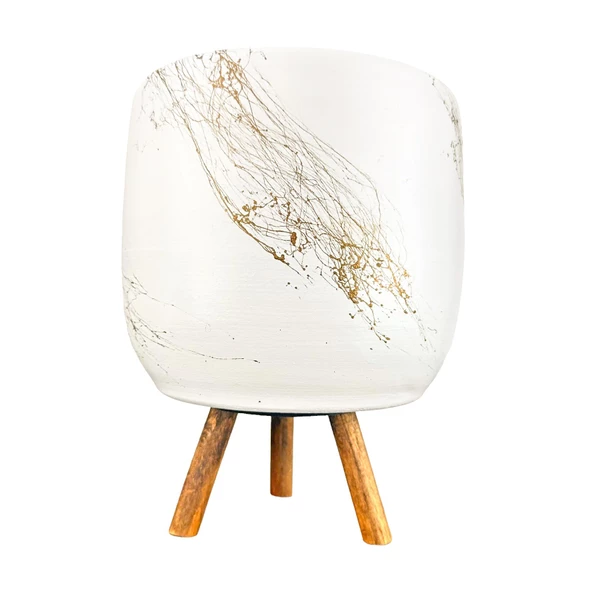 Bitki Tasarımı Beyaz Üzeri Gold Mermer Efektli Toprak Saksı Saksılık Salon Çiçeklik 3 Ayaklı - 19 CM - Resim 6