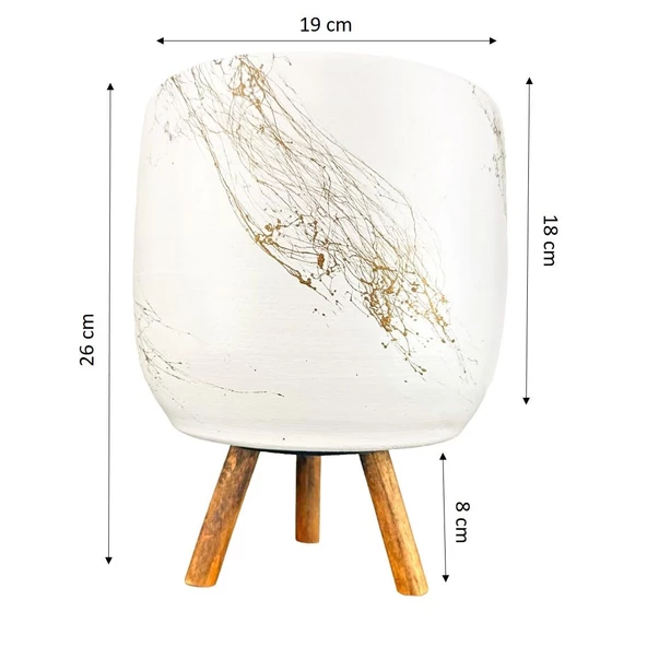 Bitki Tasarımı Beyaz Üzeri Gold Mermer Efektli Toprak Saksı Saksılık Salon Çiçeklik 3 Ayaklı - 19 CM - Resim 2
