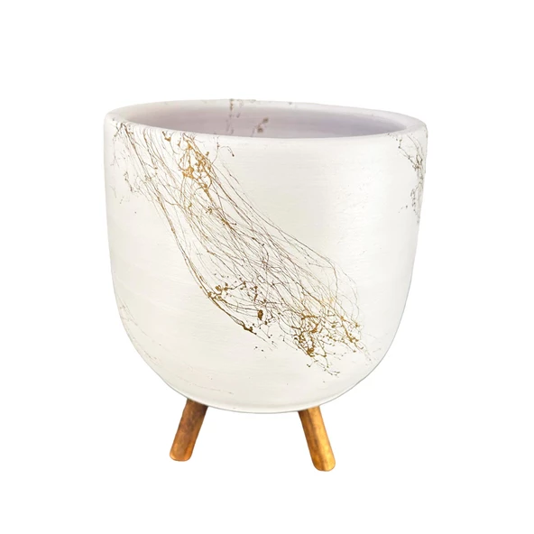 Bitki Tasarımı Beyaz Üzeri Gold Mermer Efektli Toprak Saksı Saksılık Salon Çiçeklik 3 Ayaklı - 19 CM - Resim 4